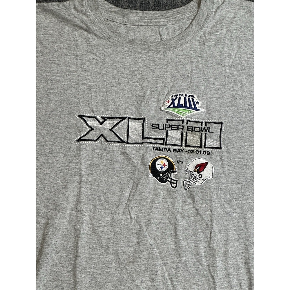 Y2K Super Bowl XLIII Grey T Shirt Embroidered Size XXL Steelers Vs Cardinals - Picture 2 of 3